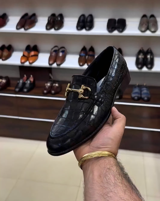 Smooth Black Crocodile Leather Loafers with Gold Buckle
