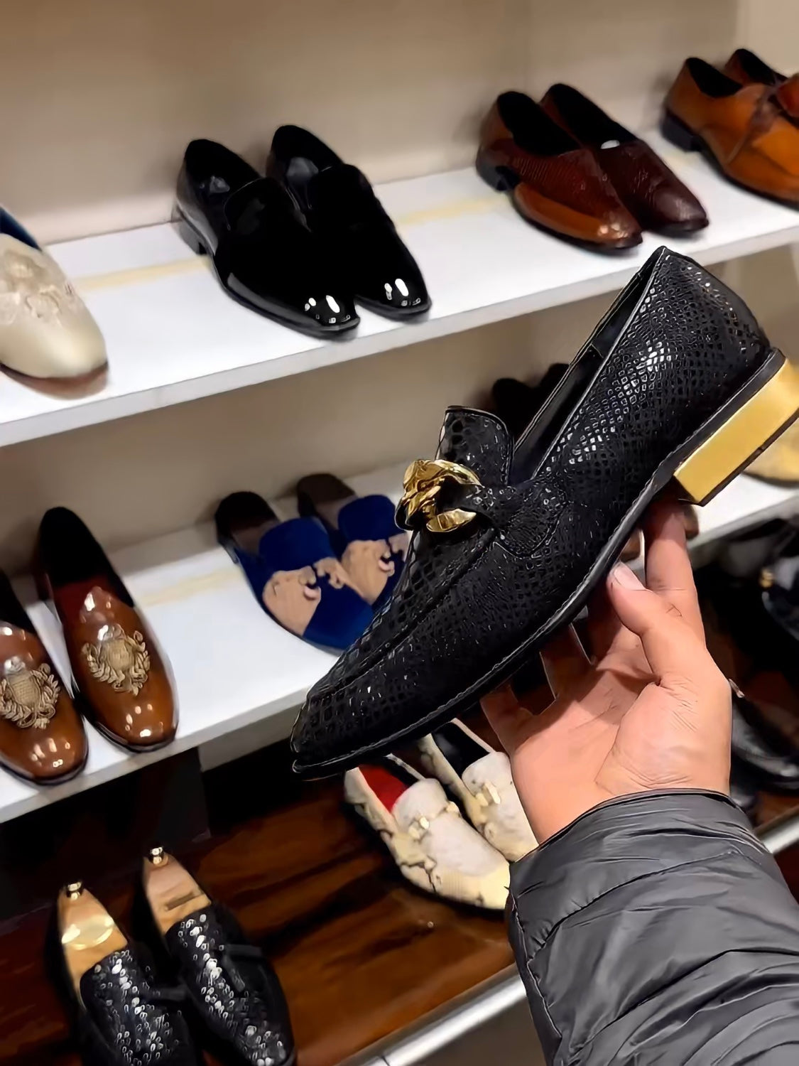 Signature Snake Foil Gold Heel Moccasins with Chain Buckle