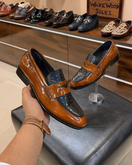 Tan Patina Cobra Scaled Spectator Moccasins