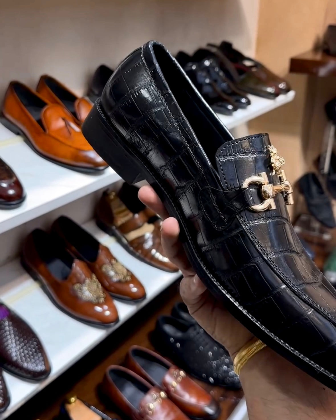 Black Crocodile Scaled Horsebit Loafers with Bee