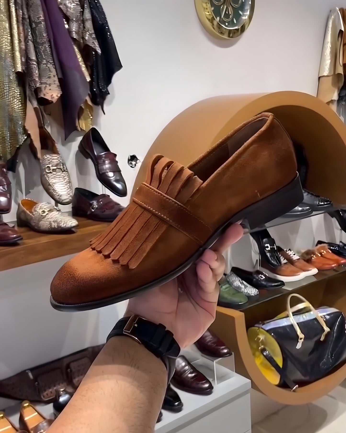 Burnt Smooth Tan Suede Fringes Moccasins