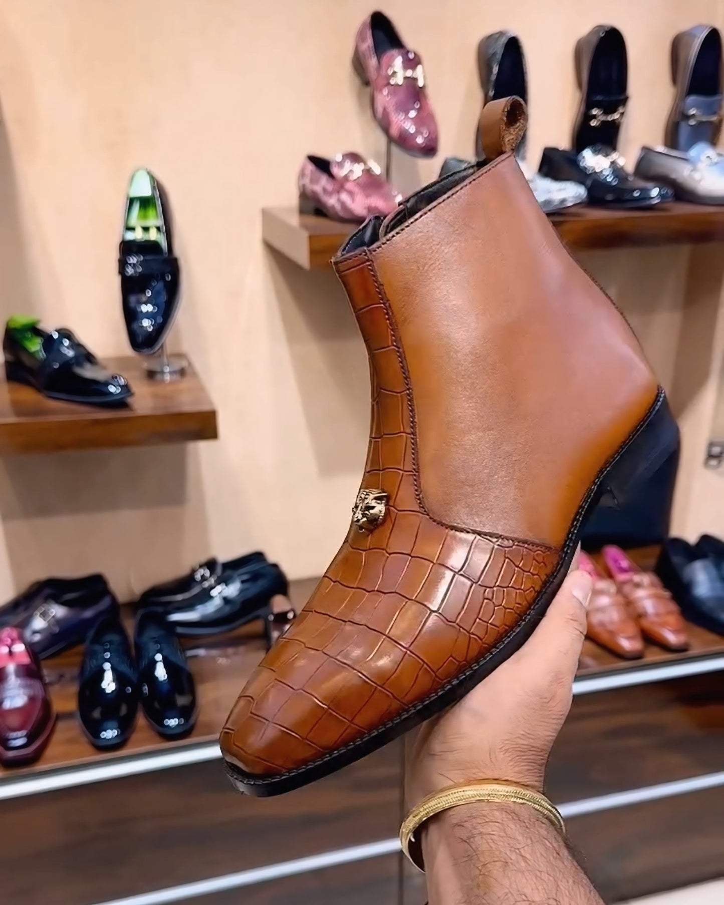 Sun Tan Patina Croco Zip Boots
