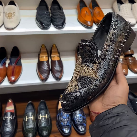 Exotic Grey Snake Foil Studded Bird Moccasins