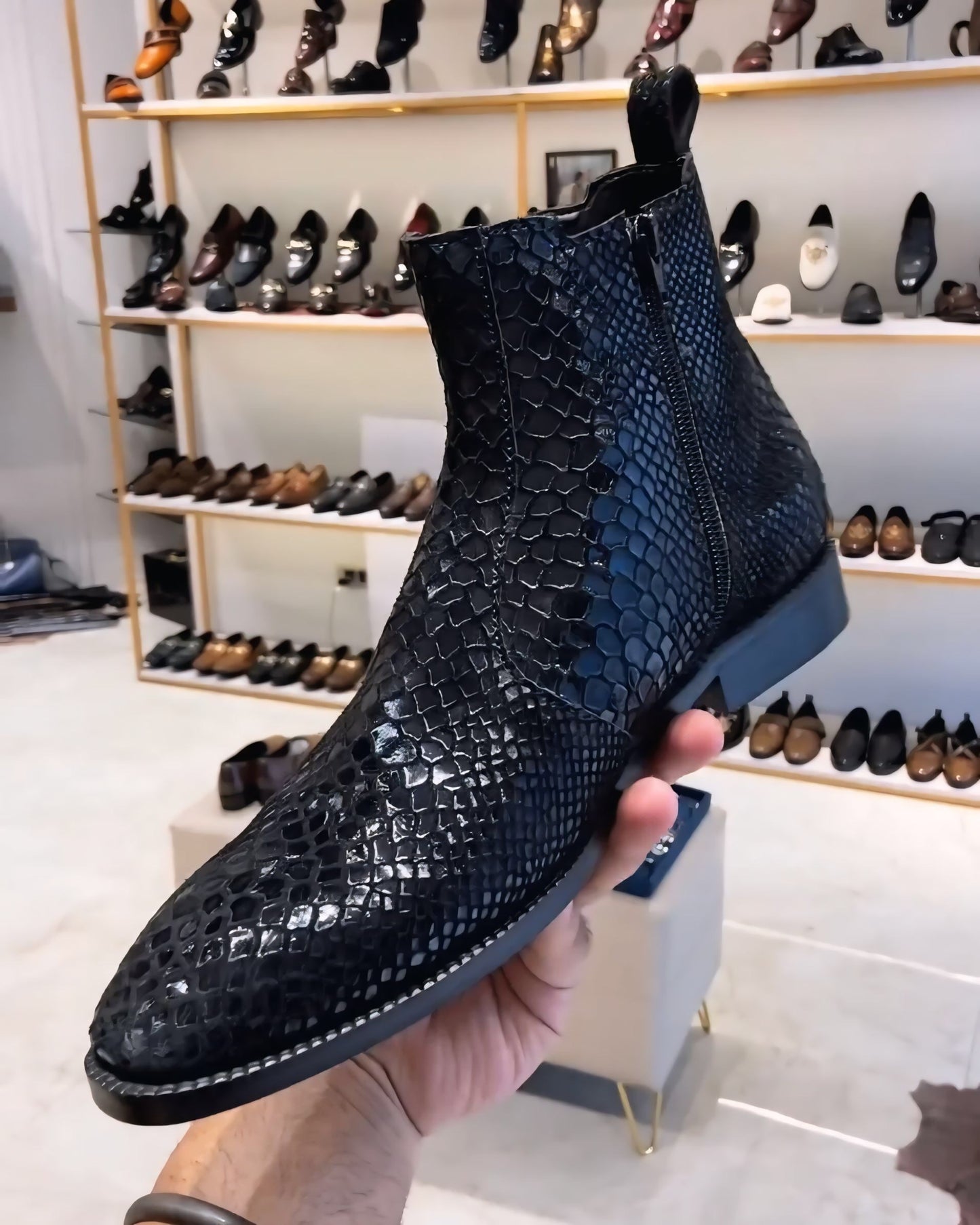 Black Signature Snake Foil Zipper Boots