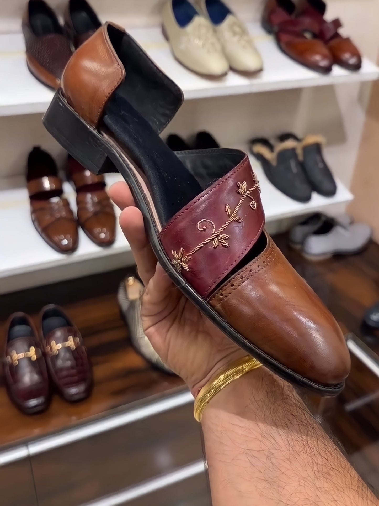 Brown Patina Hand-embroidery Spectator Sandals