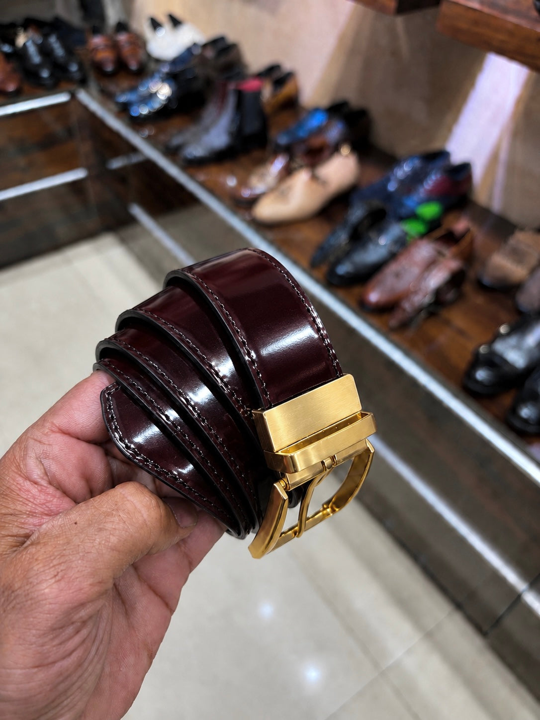 Hand-dyed Ox-blood Belt With Mirror Gloss Shine