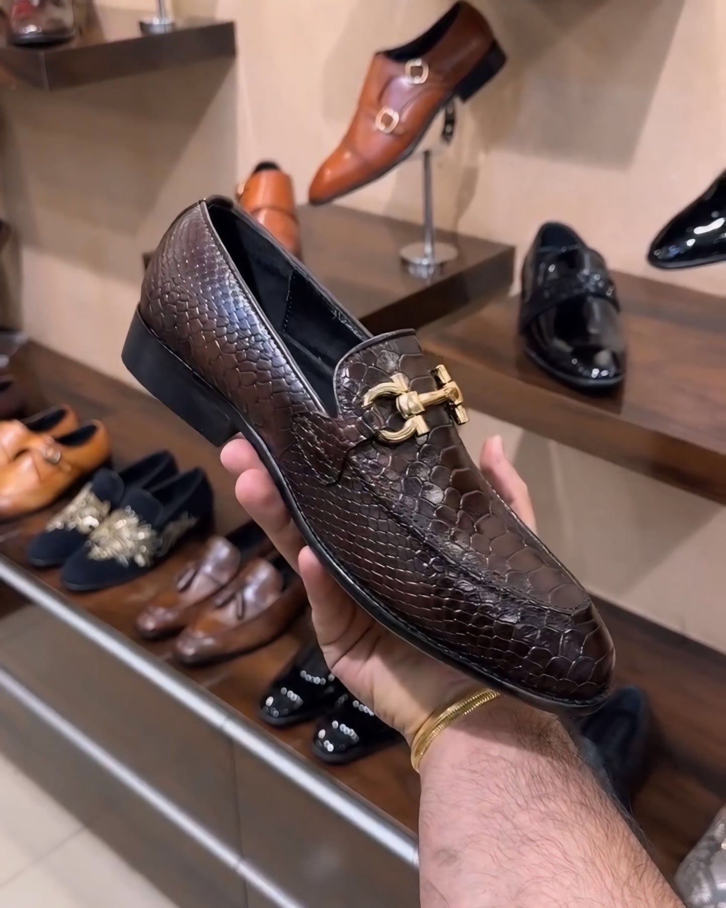 Dark Brown Cobra Scaled Moccasins