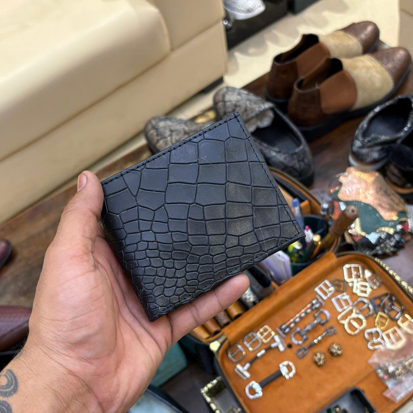 Matt Black Deep-Cut Crocodile Scaled Wallet