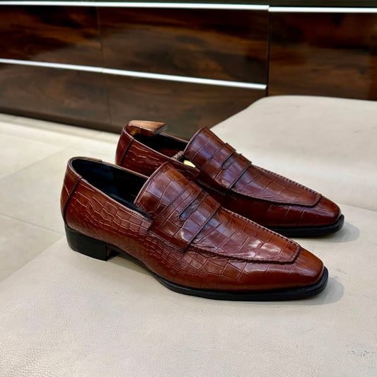 Tan Penny Loafers in Crocodile Scaled Leather
