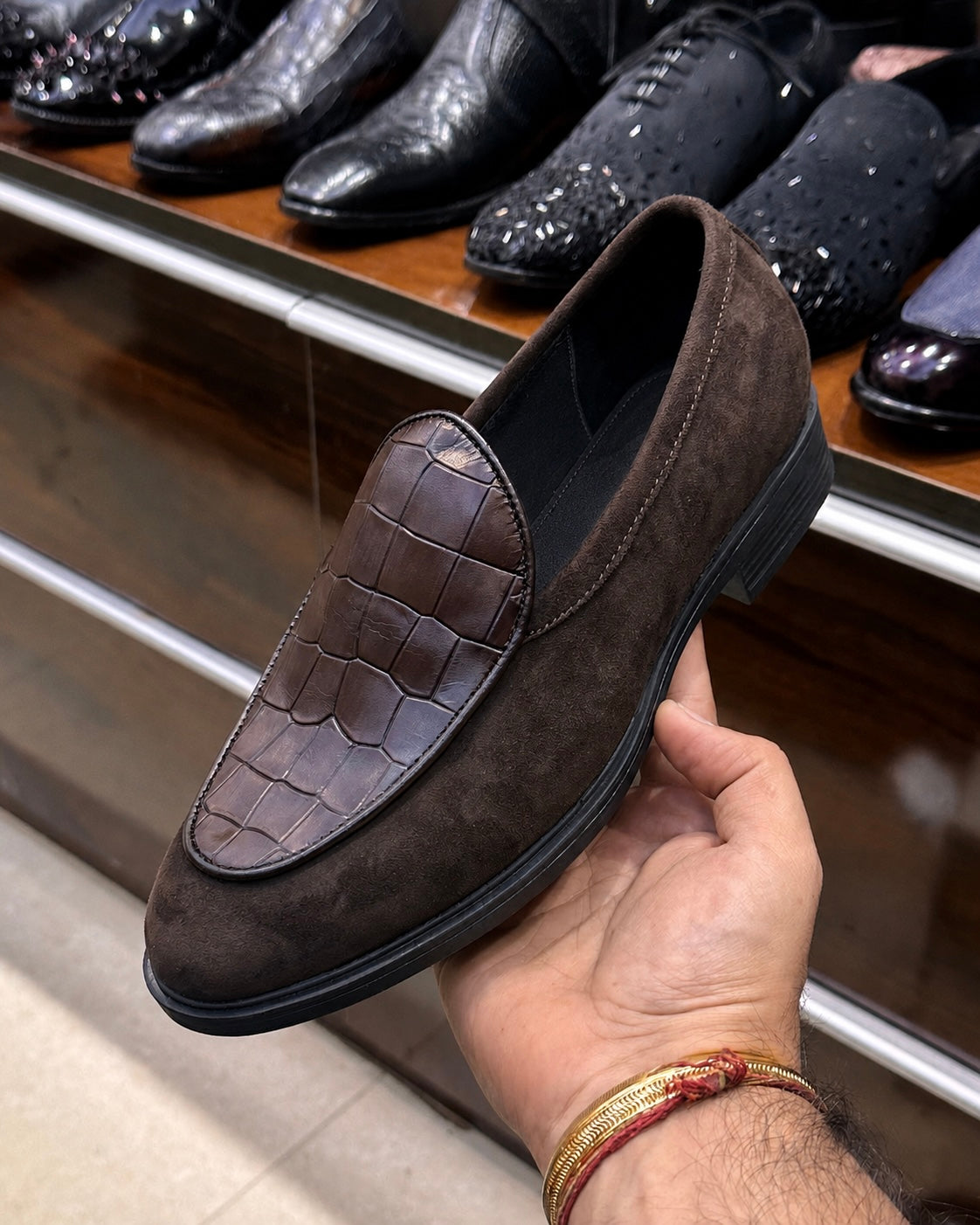 Dark Brown Suede & Dark Brown Croco Belgian Loafers