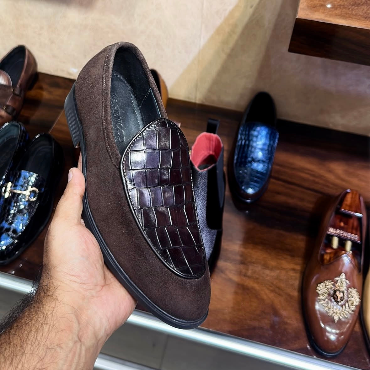 Brown Suede & Brown Crocodile Scaled Belgian Loafers