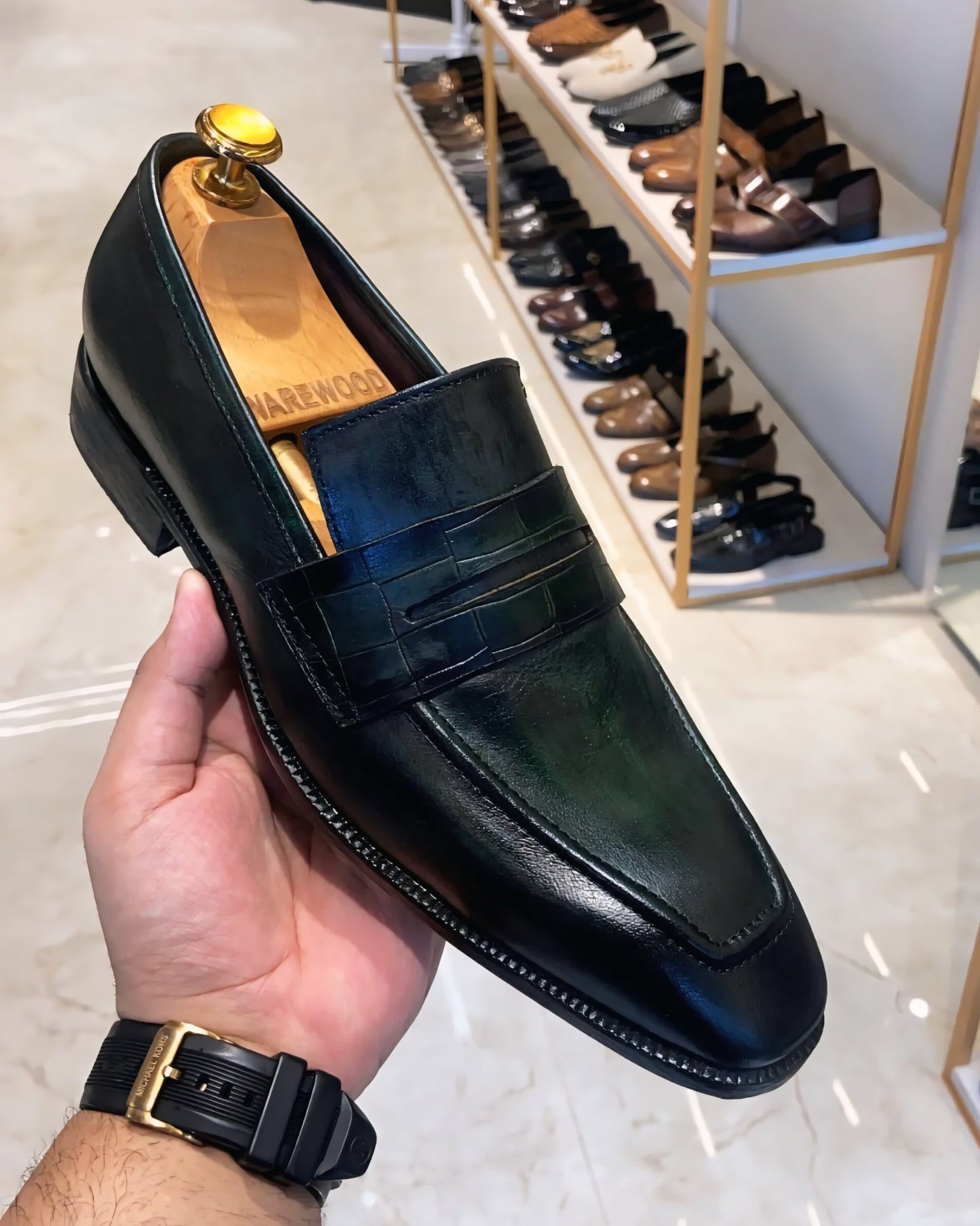 Green penny loafers