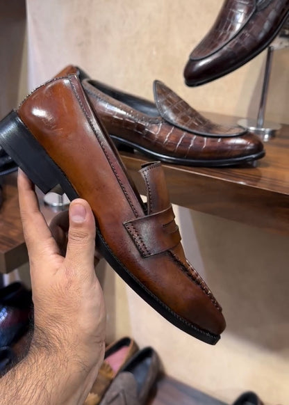 Tan Patina Italian Crust Penny Loafers