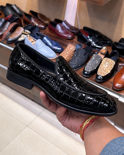 Black Patent Croco Belgian Loafers
