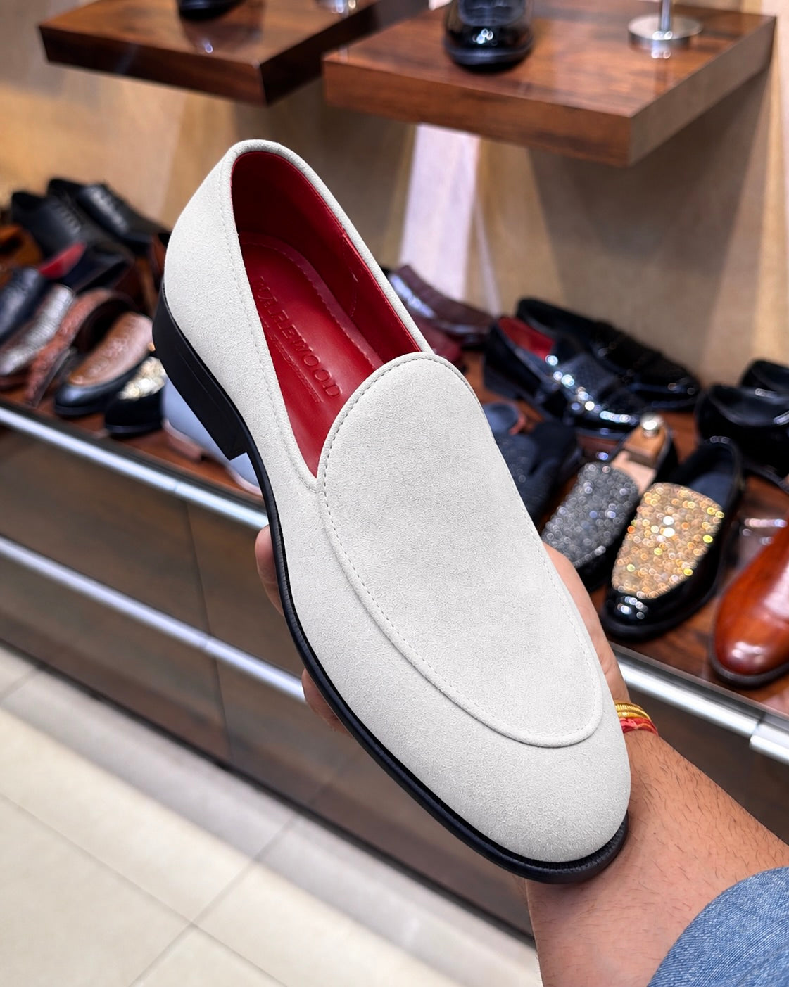 White Suede Belgian Loafers With Red Interior