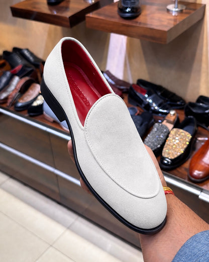 White Suede Belgian Loafers With Red Interior