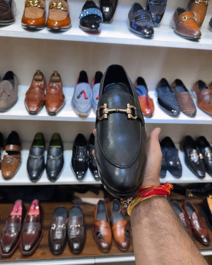 Classic Black Calf Skin Leather Loafers with Gold Buckle