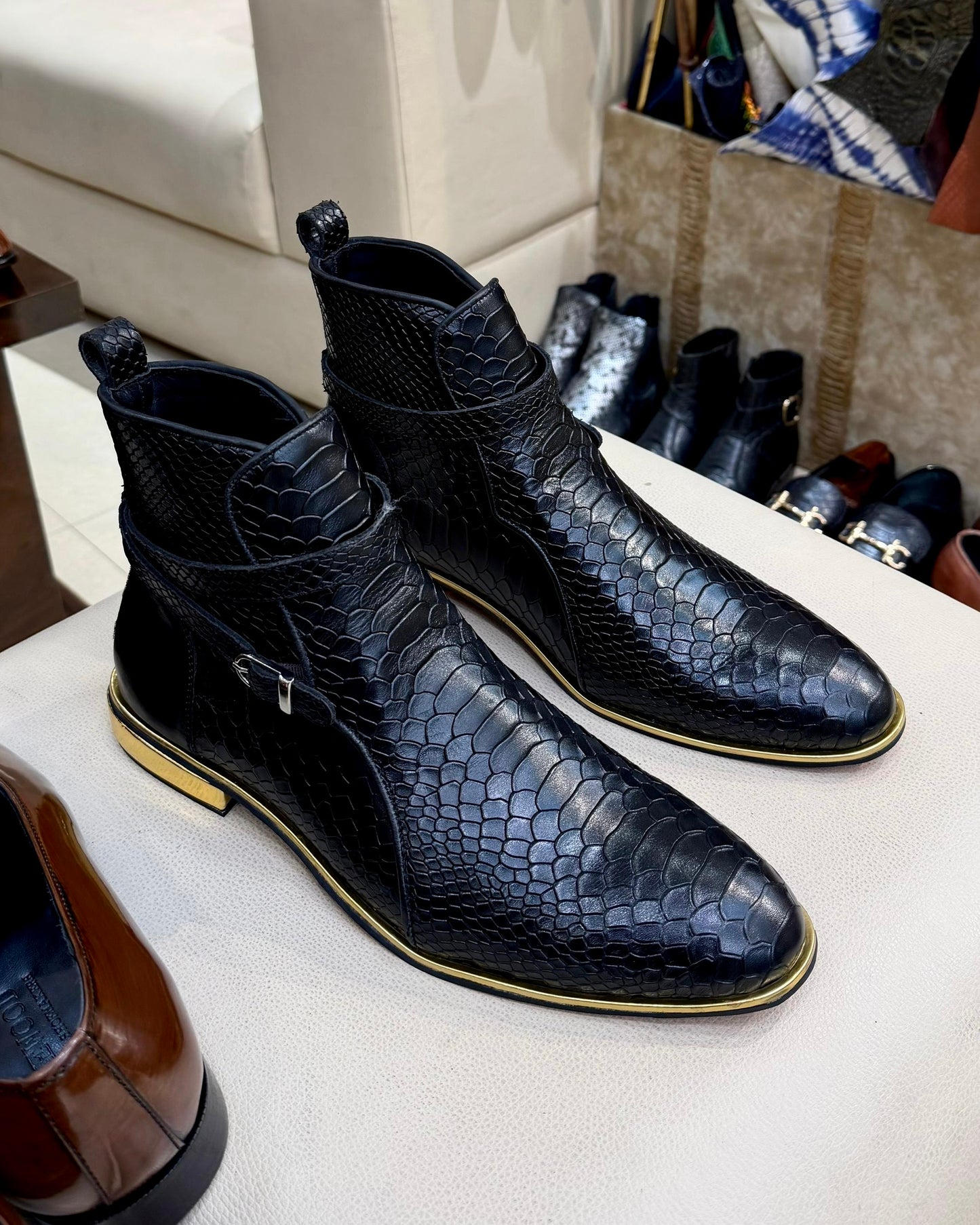 Black Cobra Scaled Jodhpur Boots with Gold Heel & Side Welt
