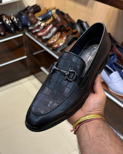 All Black Crocodile Scaled Gunmetal Horsebit Loafers