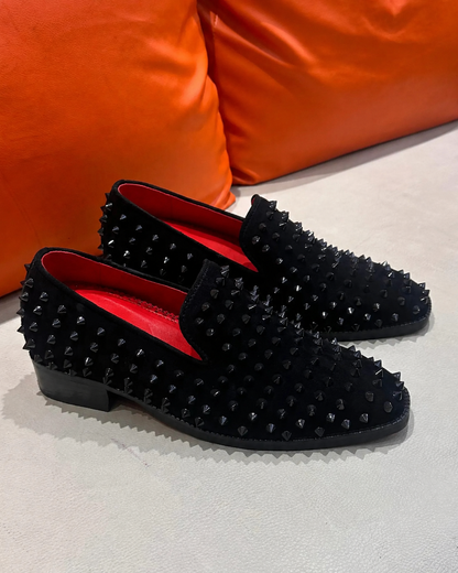 Black Suede Studded Loafers with Red Lining & Red Bottoms