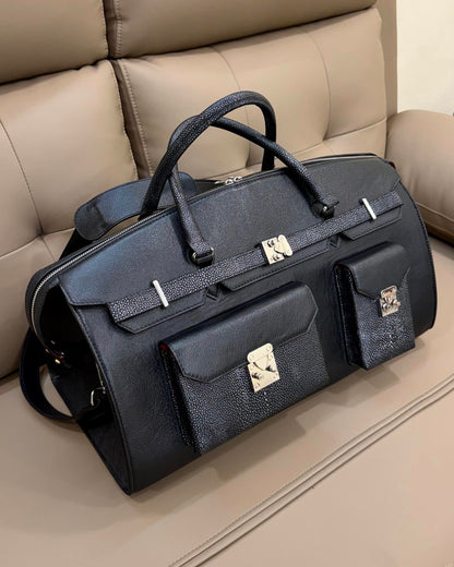 Black Full Grain Leather & Grey Stingray Scaled Leather Duffle Bag