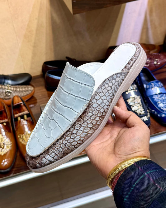 Exotic White & Brown Crocodile Scaled Mules