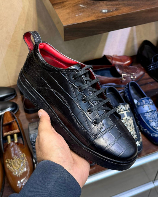 Black Crocodile Scaled Sneakers with Red Lining