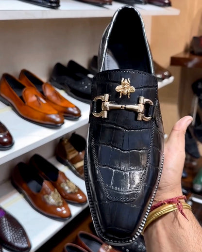 Black Crocodile Scaled Horsebit Loafers with Bee