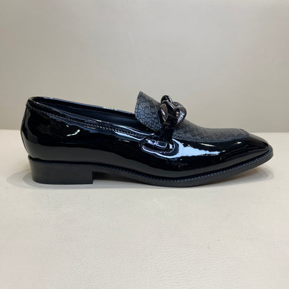 Black Patent Cobra Scaled Moccasins with Gunmetal Chain Buckle