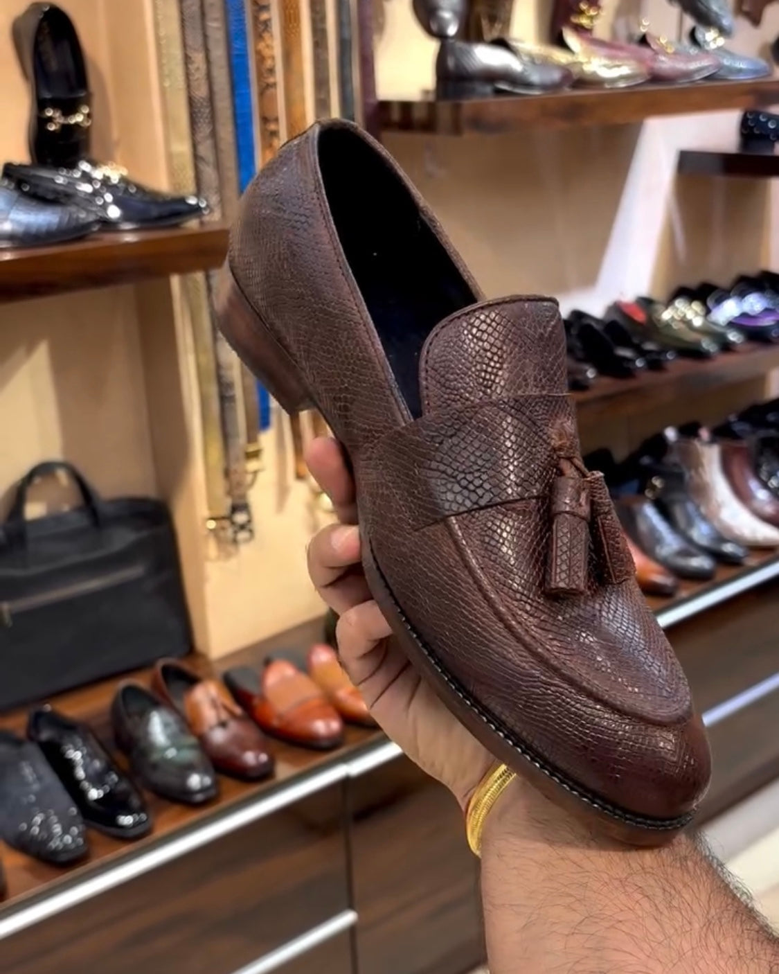Brown Exotic Snake Scaled Tassel Moccasins