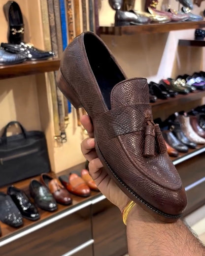 Brown Exotic Snake Scaled Tassel Moccasins