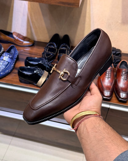Brown Square Toe Horsebit Loafers in Calfskin Leather