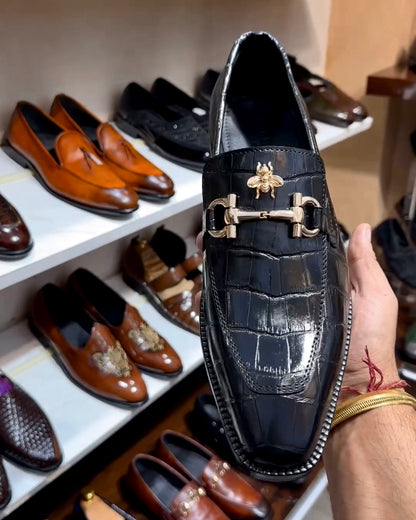Black Crocodile Scaled Horsebit Loafers with Bee