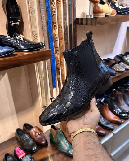 Classic Black Smooth Crocodile Scaled Chelsea Boots