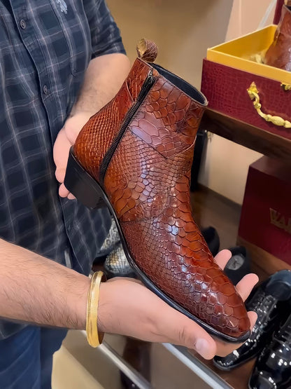 Tan Cobra Scaled Cuban Heel Zip Boots