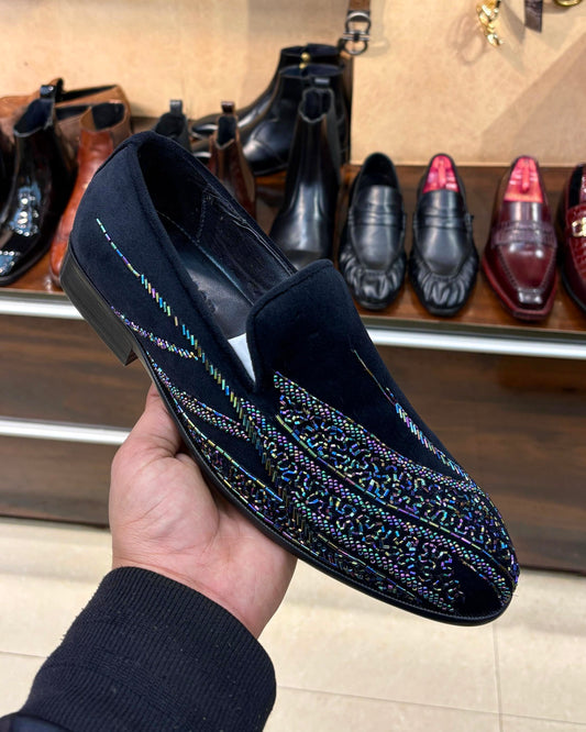 Navy Blue Suede Rainbow Embroidery Loafers