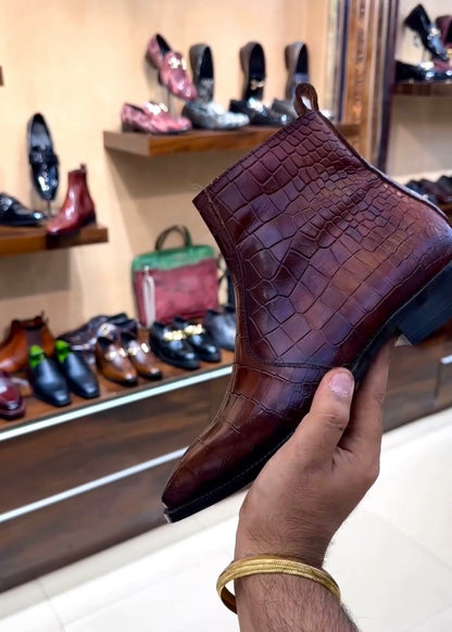 Burgundy Crocodile Scaled Zip Boots
