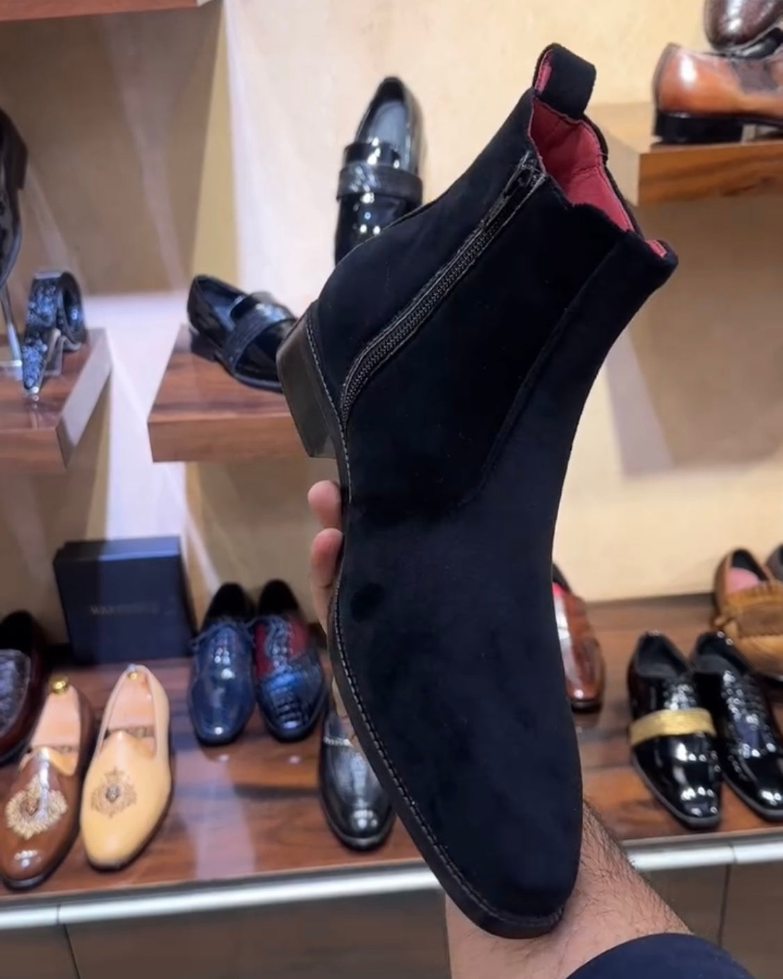 Black Italian Suede U-Tip Zip Boots