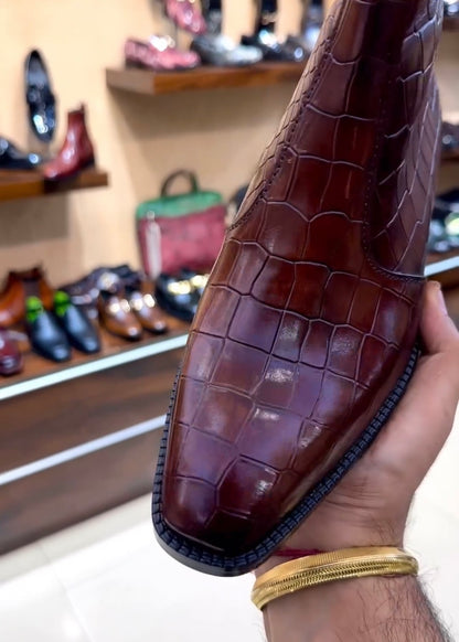Burgundy Crocodile Scaled Zip Boots