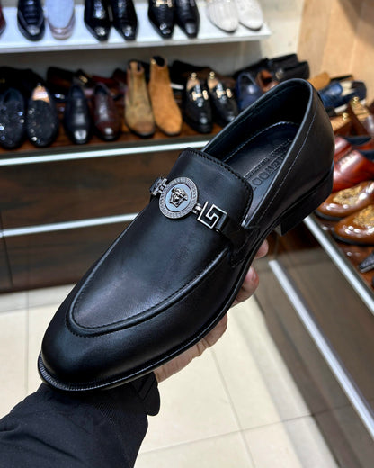 Black Calfskin Loafers with Silver Designer Horsebit