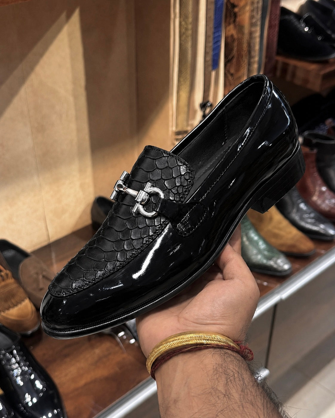 Black Patent Leather & Cobra Scaled Silver Horsebit Loafers