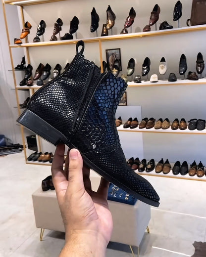 Black Signature Snake Foil Zipper Boots