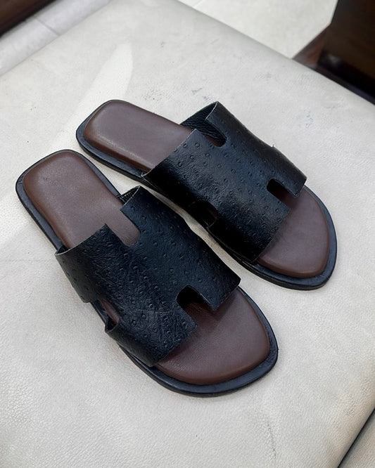 Exotic Black Ostrich Scaled Slides