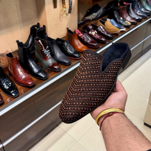 Brown Suede Hand-embroidered Mules