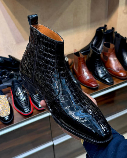 Black Patent Crocodile Scaled Zip Boots with Cuban Heel