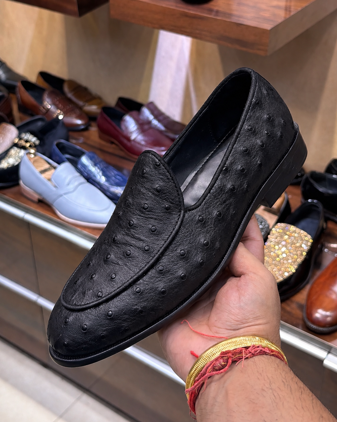 Black Real Ostrich Skin Belgian Loafers