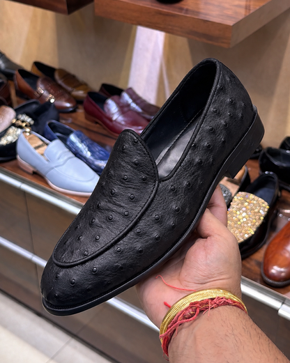 Black Real Ostrich Skin Belgian Loafers