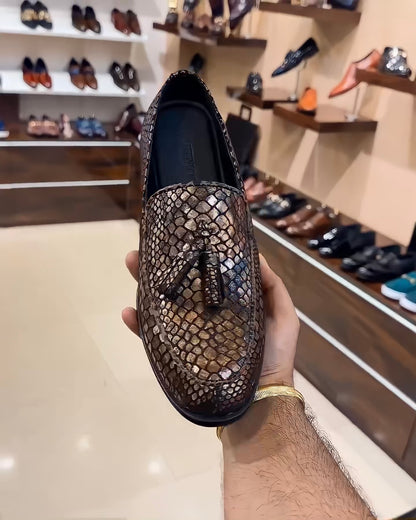Exotic Gold Snake Foil Tassel Moccasins