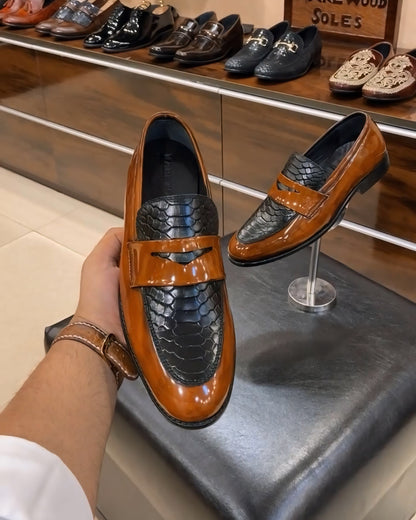 Tan Patina Cobra Scaled Spectator Moccasins