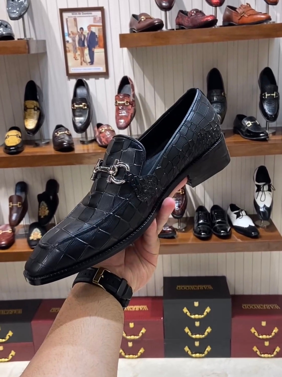 Charcoal Black Crocodile Scaled Moccasins